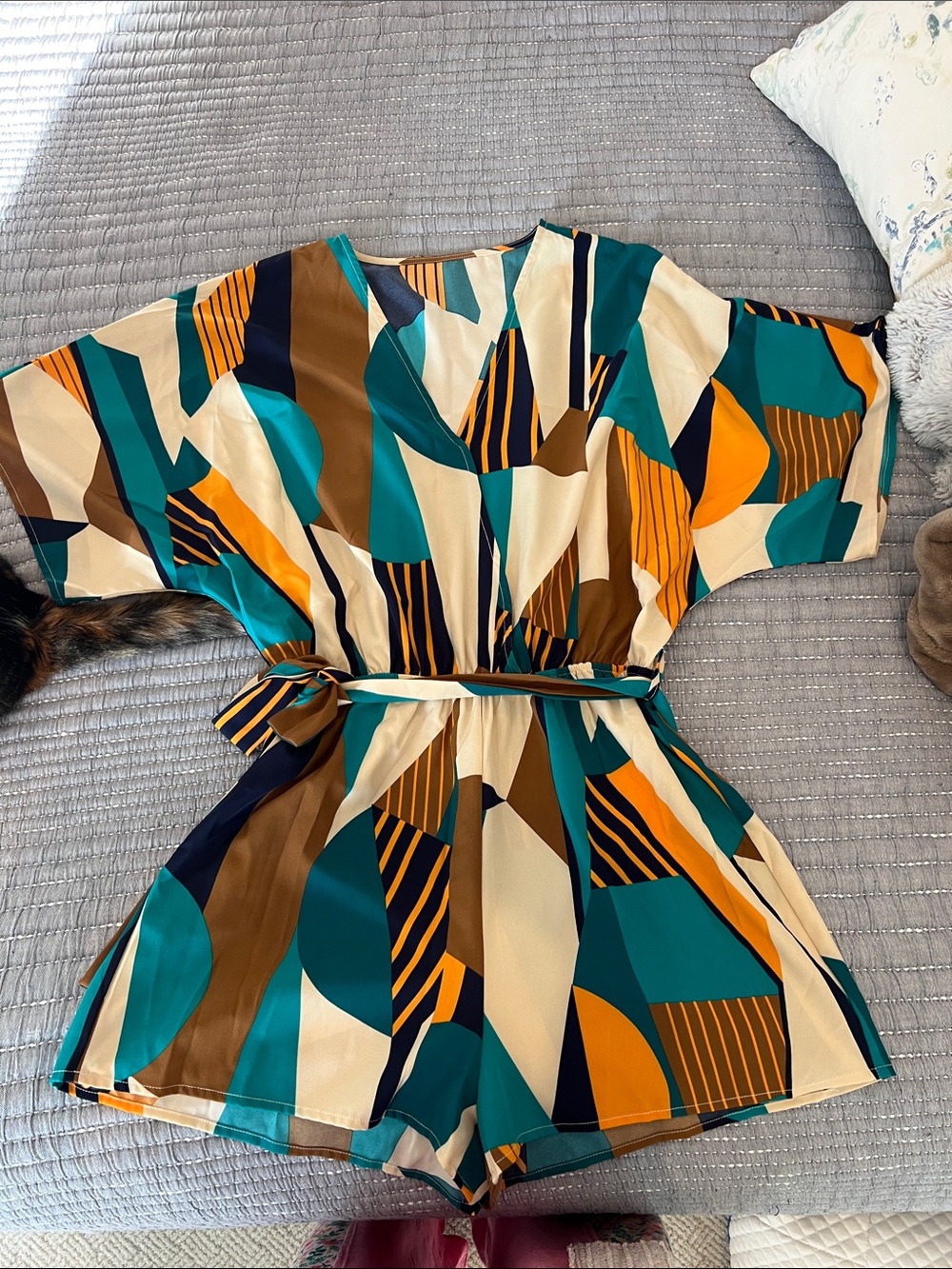 Geometric Print Short Jumpsuit with Waist Tie - Teal & Mustard